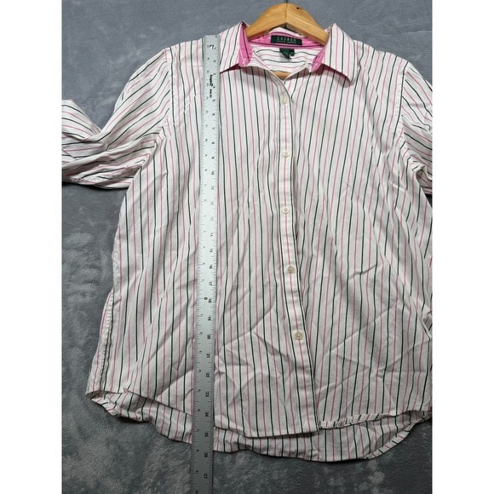Lauren Ralph Lauren Shirt Womens XL White Pink Striped Curved Hem Button Up - Picture 5 of 5